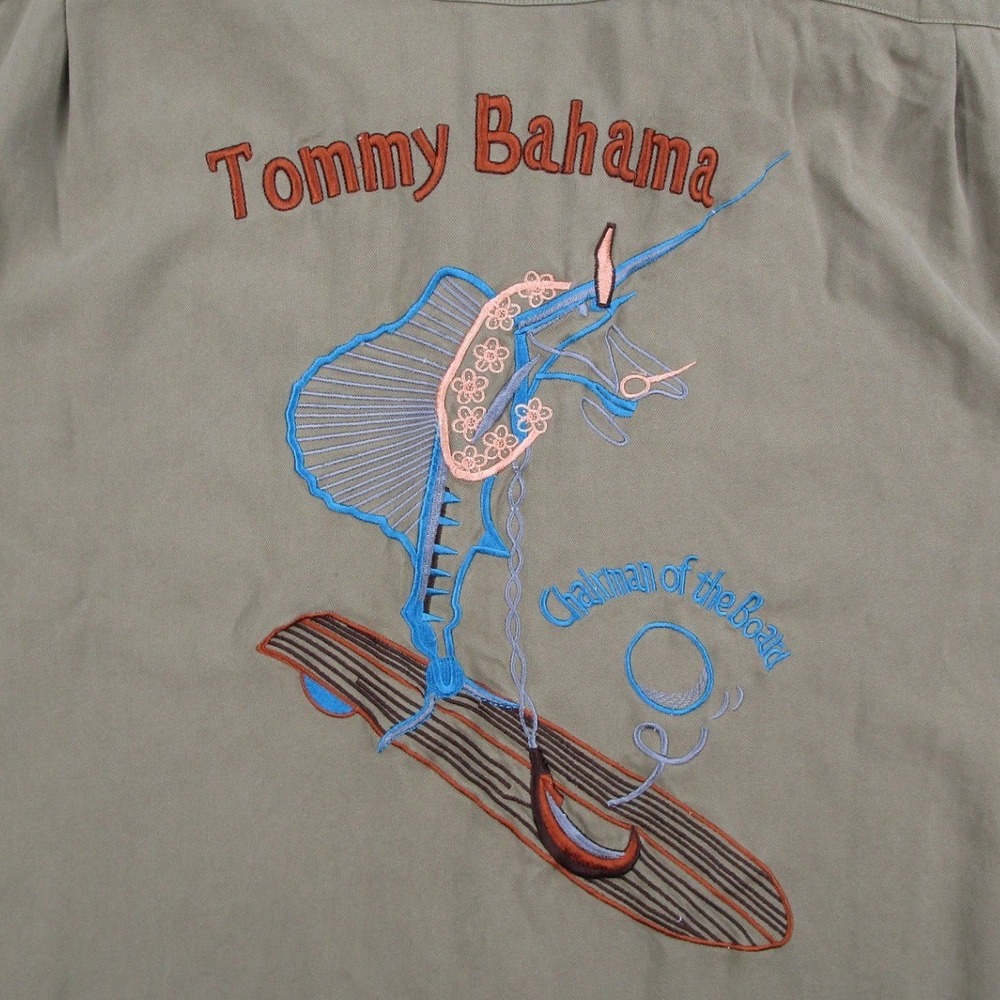 Tommy Bahama Mens Large Silk Camp Shirt Green Chairman of the Board Marlin Surf